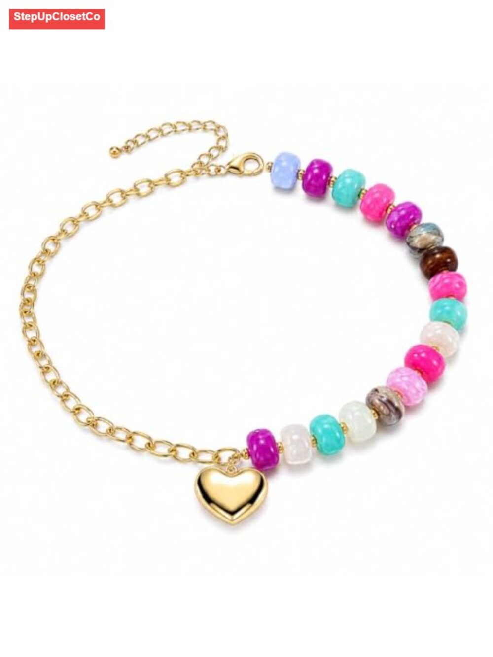 Multicolor Gemstone Gold Heart Choker Necklace Boho Summer Festival Statement